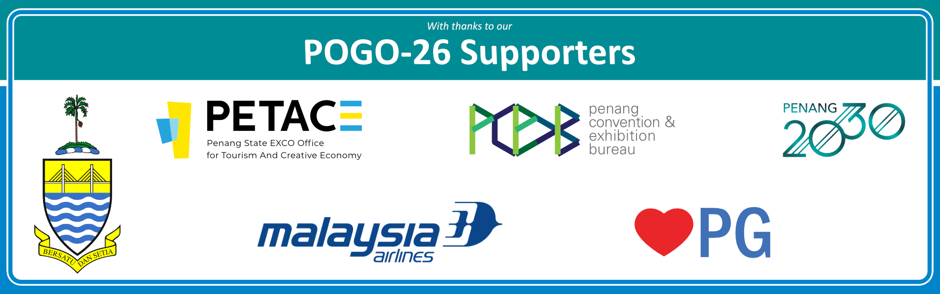 POGO-26 Sponsor logos: Penang State Government, Penang Convention & Exhibition Bureau (PCEB), Malaysia Airlines (MAS) 