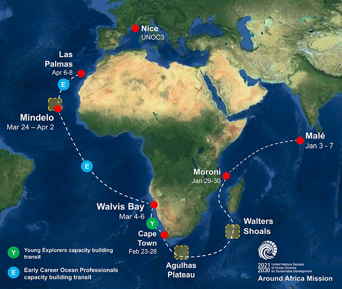 The OceanQuest and OceanX Around Africa Expedition is endorsed by the United Nations Ocean Decade for its contributions to capacity building and scientific understanding of the ocean. The expedition will traverse destinations such as Moroni, Comoros; Walters Shoal, Madagascar; Agulhas Plateau and Cape Town, South Africa; Walvis Bay, Namibia; Mindelo, Cape Verde; Gran Canaria, Canary Islands to focus on Deep Sea Seamount and Ecosystems exploration and high resolution mapping.